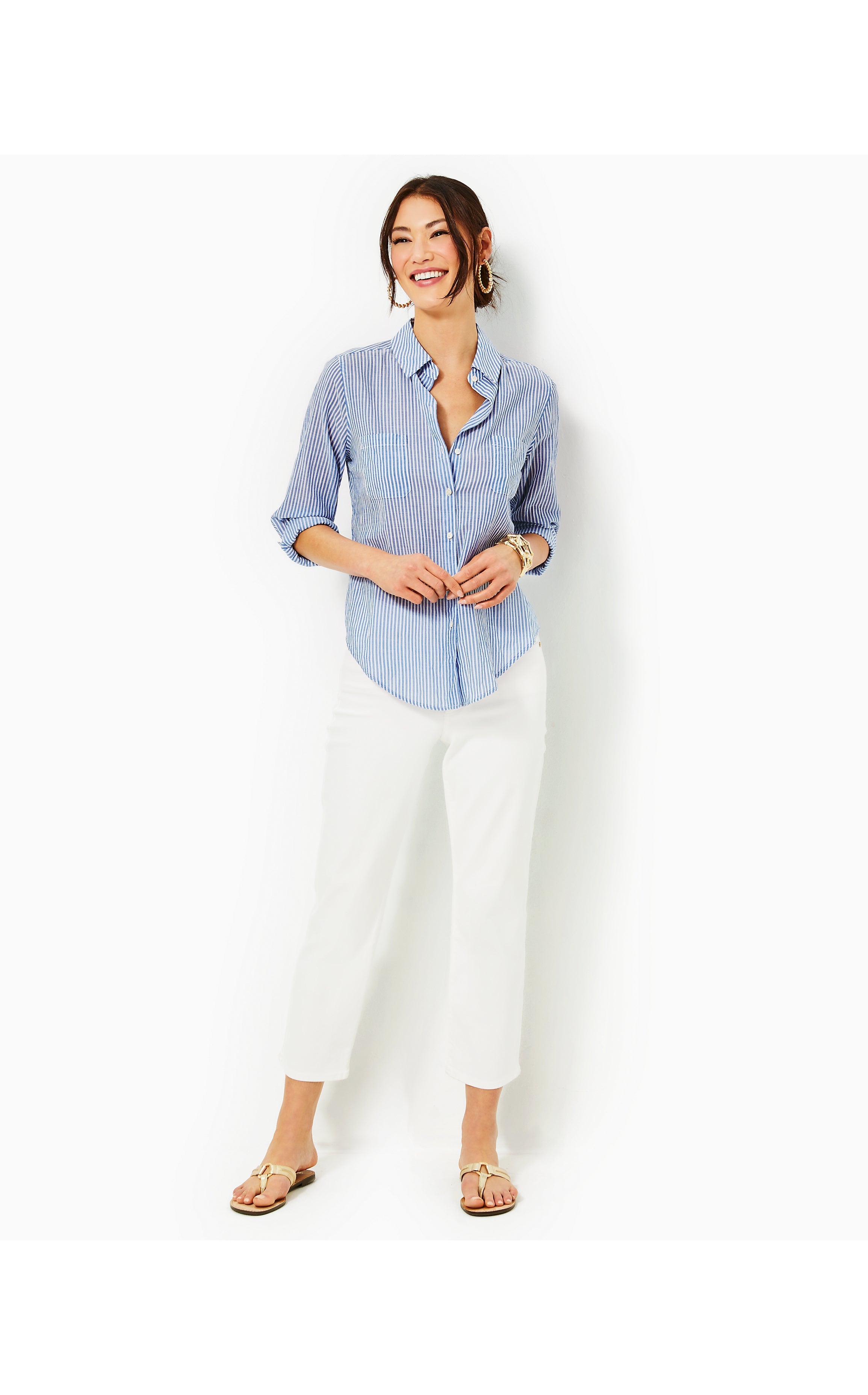 Sea View Button Down Top | Coastal Blue Ltwt Oxford Stripe