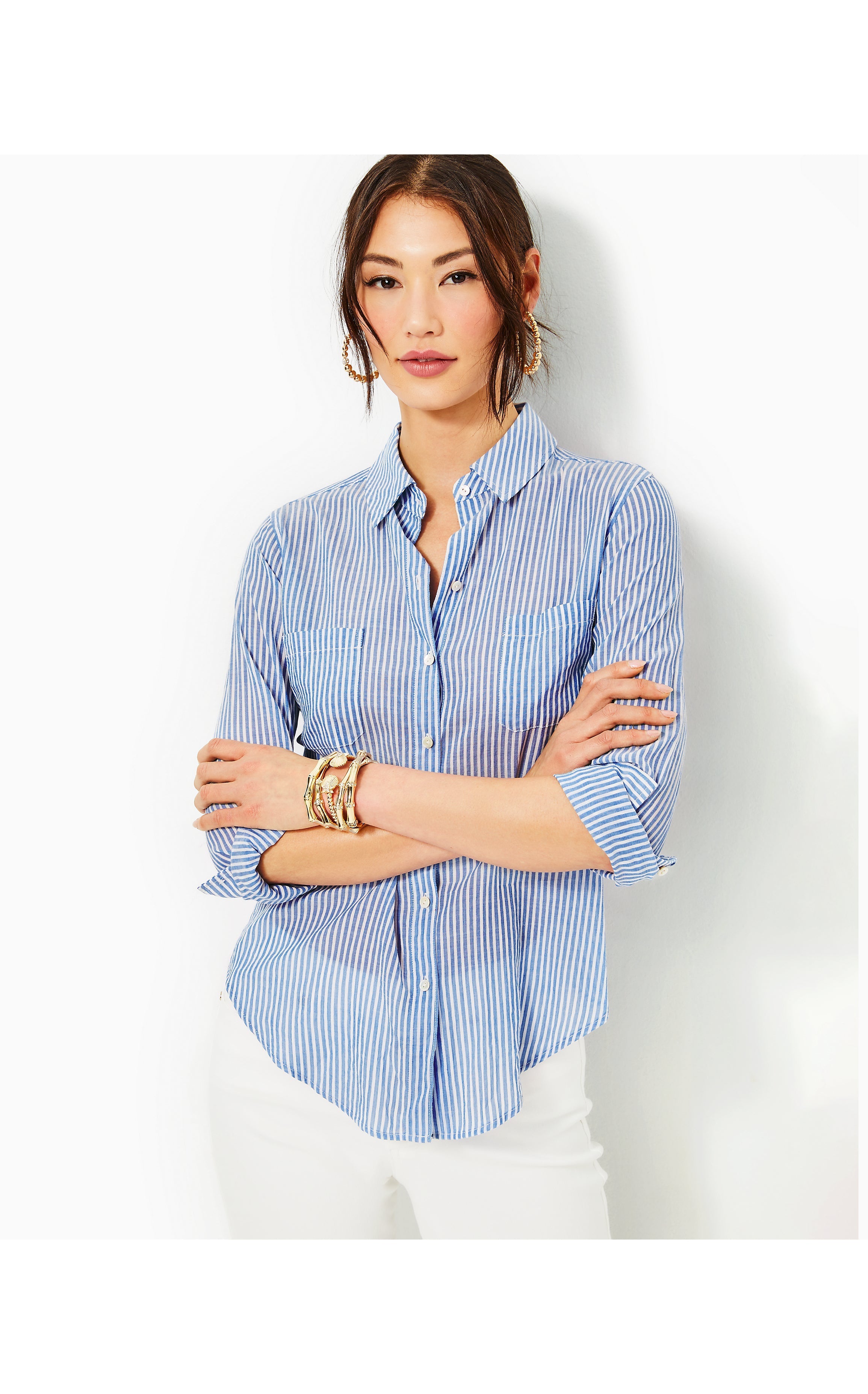 Sea View Button Down Top | Coastal Blue Ltwt Oxford Stripe