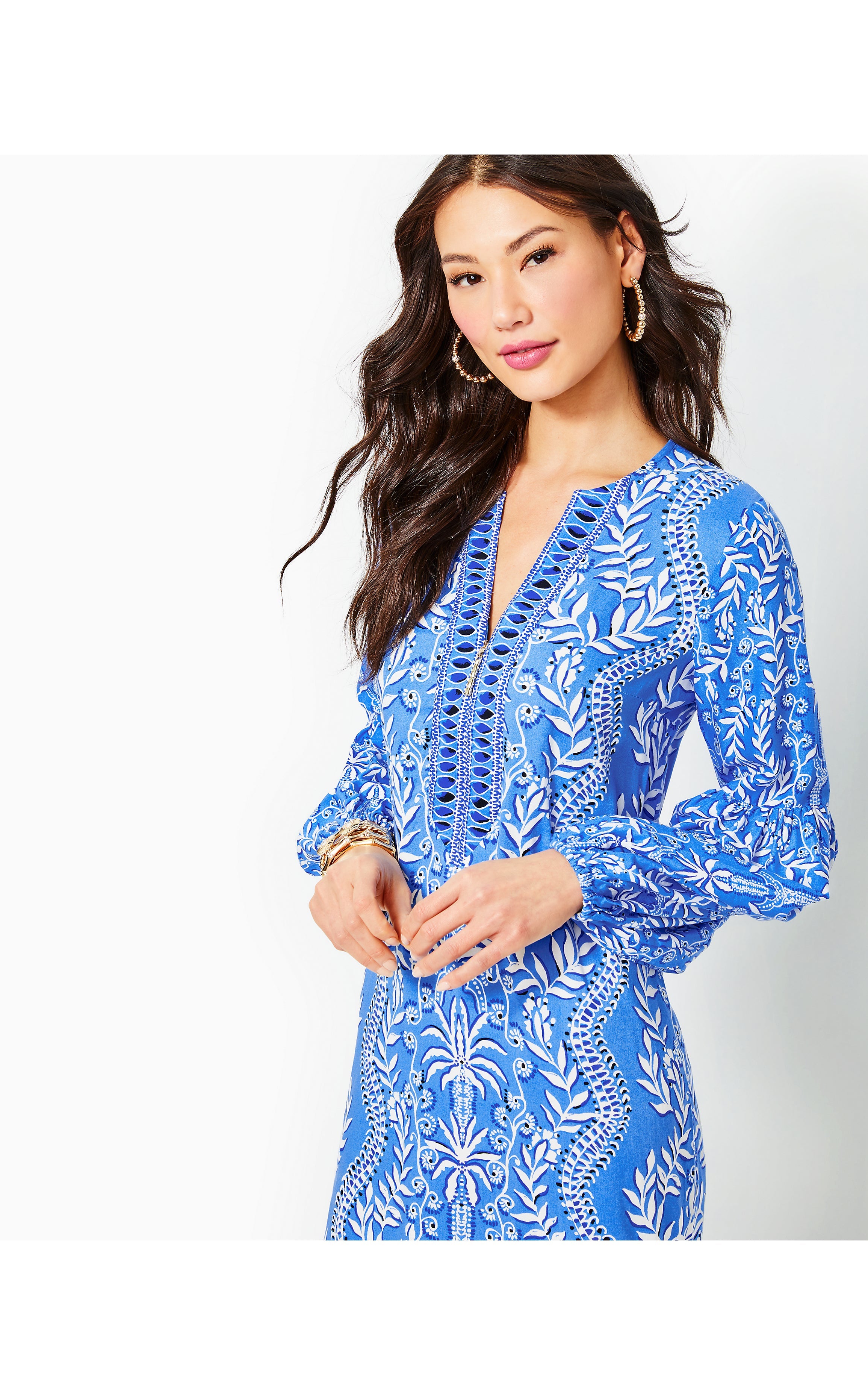 Laurelie Long Sleeve Maxi Caftan | Abaco Blue Have It Both Rays Engineered Woven Maxi
